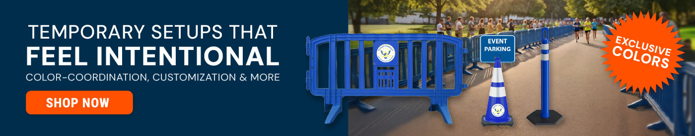 Blue crowd control barricades, a traffic cone with an event parking sign, and a blue delineator lining a road during a race event. Text reads “Temporary Setups That Feel Intentional” and “Exclusive Colors” with a Shop Now button.