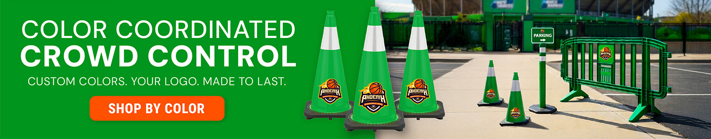 Green custom-branded traffic cones and crowd control barricades featuring a Phoenix basketball team logo, displayed in a parking area. Text reads \"Color Coordinated Crowd Control – Custom Colors. Your Logo. Made to Last.\"