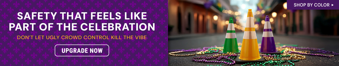 Green, yellow, and purple traffic cones displayed on a street decorated with colorful beads. Text reads “Shop by Color” and “Upgrade Now.”