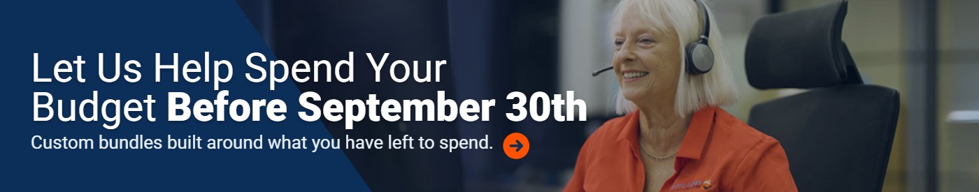 Smiling OES Global team member wearing a headset and orange work shirt, with text reading Let Us Help Spend Your Budget Before September 30th, Custom bundles built around what you have left to spend