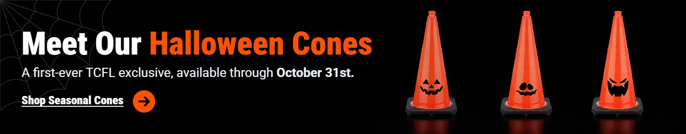 Three jack-o-lantern-face traffic cones on black spiderweb background, \"Meet Our Halloween Cones.\"