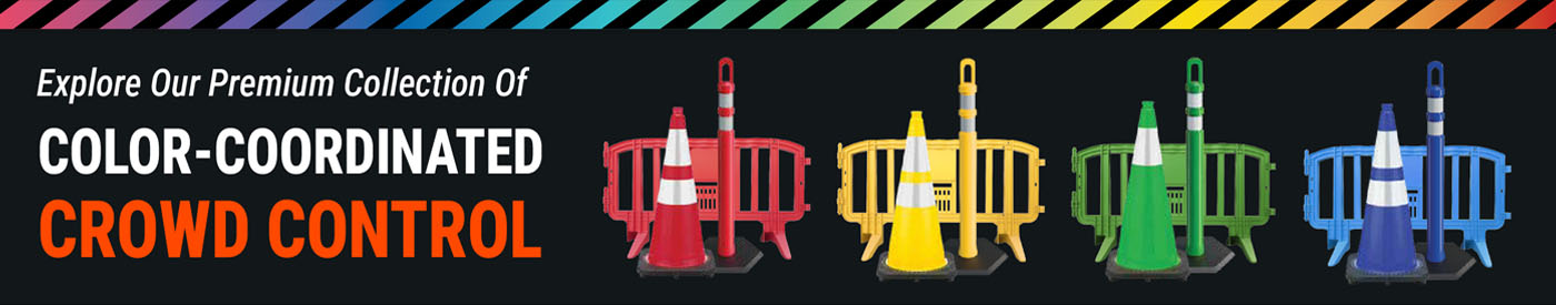 Color coordinated crowd control products in red, yellow, green, and blue including cones, delineator posts, and barricades arranged in a row.