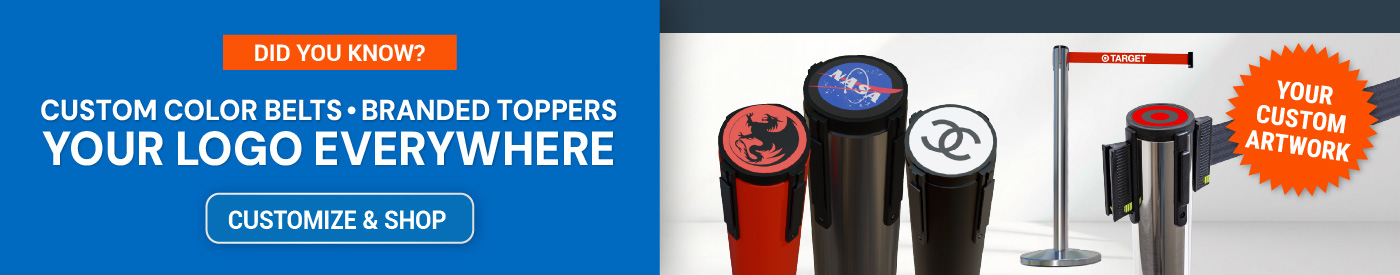 Did you know custom stanchion banner from Traffic Cones For Less featuring custom color belts branded toppers and logo stanchions with a Customize and Shop call to action