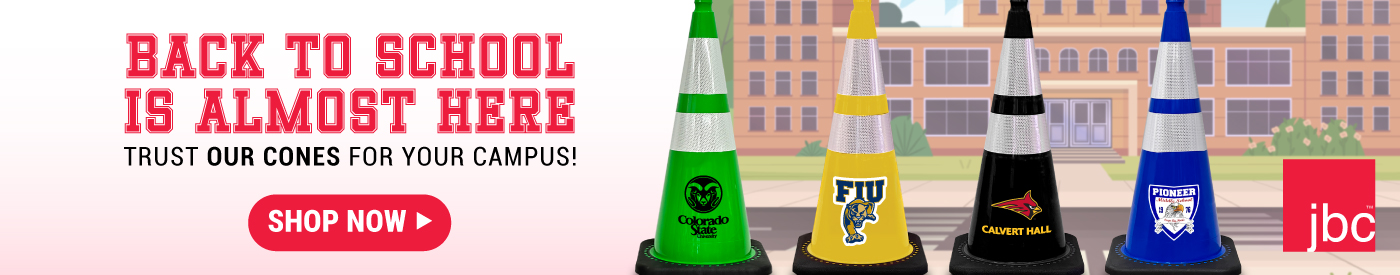 Custom traffic cones designed for back to school safety, featuring school logos and bright colors for organized traffic and pedestrian flow.