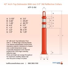 Diagram of a 42" arch top delineator post with measurements and reflective collar details.