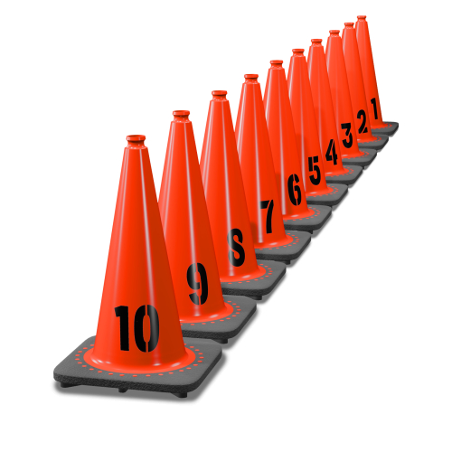 Sequentially Numbered 18" Traffic Cones, 3 lb Black Base - 1-10