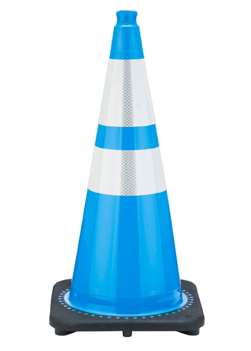 28" Sky Blue Traffic Cone, 7 lb Black Base, w/6" & 4" 3M Reflective Collars