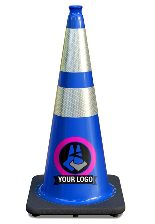 28" Navy Blue Traffic Cone, w/6" & 4" 3M Reflective Collars w/Color Artwork