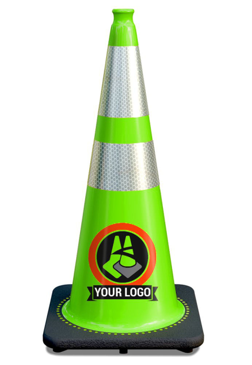 28" Lime Green Traffic Cone, w/6" & 4" 3M Reflective Collars w/Color Artwork