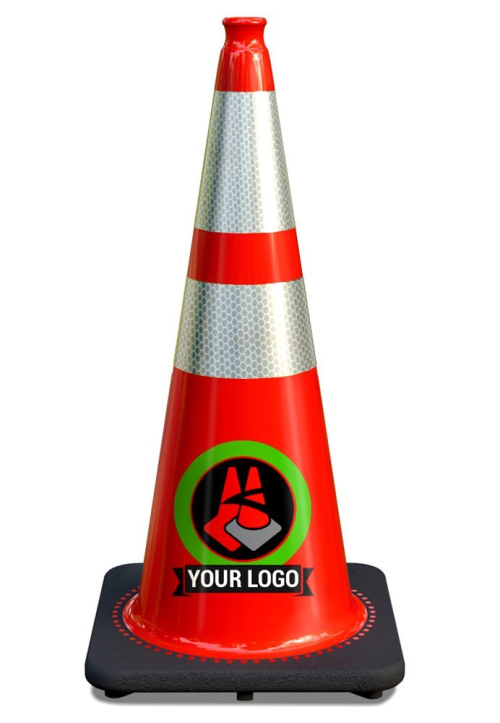28" Red Traffic Cone, w/6" & 4" 3M Reflective Collars w/Color Artwork 