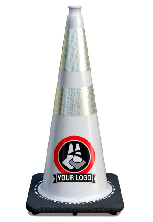 28" White Traffic Cone, w/6" & 4" 3M Reflective Collars w/Color Artwork 