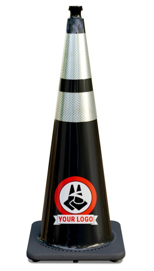 36" Black Traffic Cone, w/6" & 4" 3M Reflective Collars w/Color Artwork 