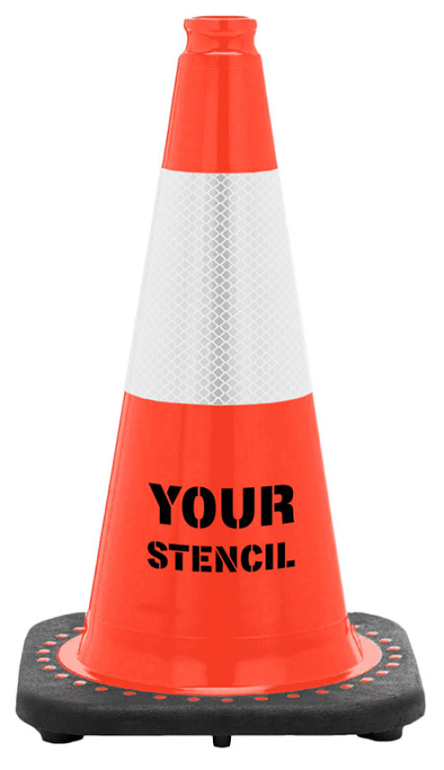 FREE STENCIL 18" Orange Traffic Cone, 3 lb Black Base, w/6" 3M Reflective Collar