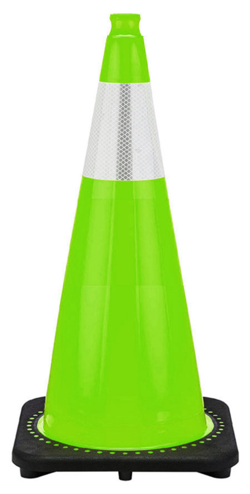 28" Lime Green Traffic Cone, 7 lb Black Base, w/6" Reflective Collar
