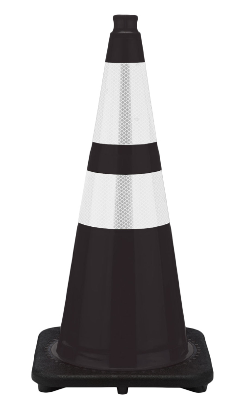 28" Black Traffic Cone, 7 lb Black Base, w/6" & 4" 3M Reflective Collars