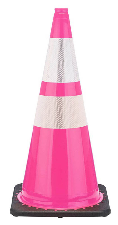 28" Pink Traffic Cone, 7 lb Black Base,  w/6" & 4" 3M Reflective Collar