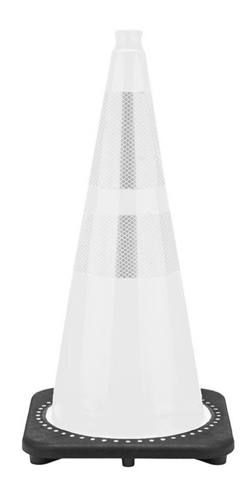 28" White Traffic Cone,  7 lb Black Base, w/4" & 6" Reflective Collars