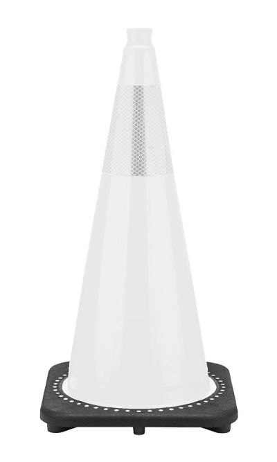 28" White Traffic Cone, 7 lb Black Base, w/6" 3M Reflective Collar