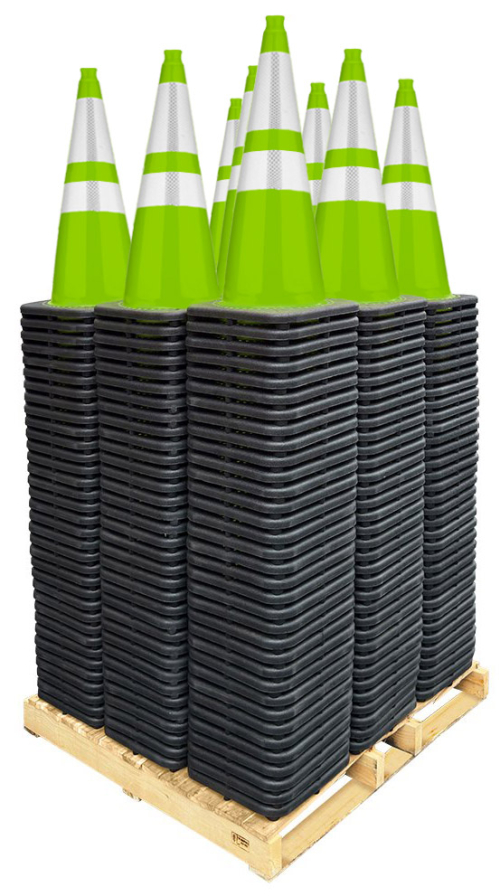 Pallet Bundle 28" Lime Traffic Cones, 7 lb Black base, w/6" & 4" 3M Reflective Collars