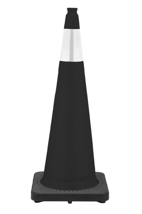 36" Black Traffic Cone, 10 lb Black Base, w/6" 3M Reflective Collar