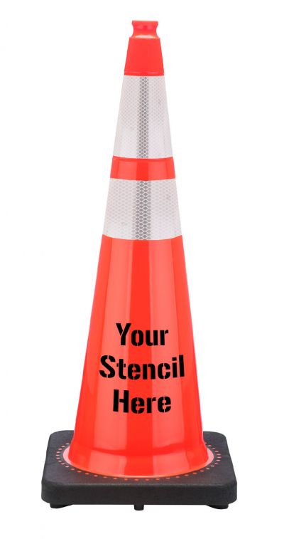 FREE STENCIL FL DOT 36" Orange Traffic Cone, 12 lb Black Base, w/6" & 4" 3M Reflective Collar