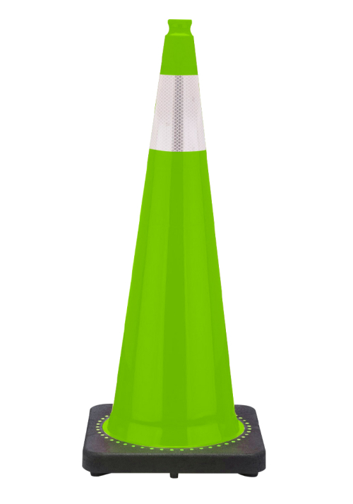 36" Lime Green Traffic Cone, 10 lb Black Base, w/6" 3M Reflective Collar