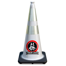28" White Traffic Cone, w/6" & 4" 3M Reflective Collars w/Color Artwork