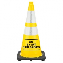 28" Yellow No Entry Explosives STENCIL Traffic Cone, 7 lb Black Base, w/6" & 4" Reflective Collar