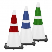 28" White Traffic Cone, 7 lb Black Base, w/3M 6" & 4" Reflective Collars