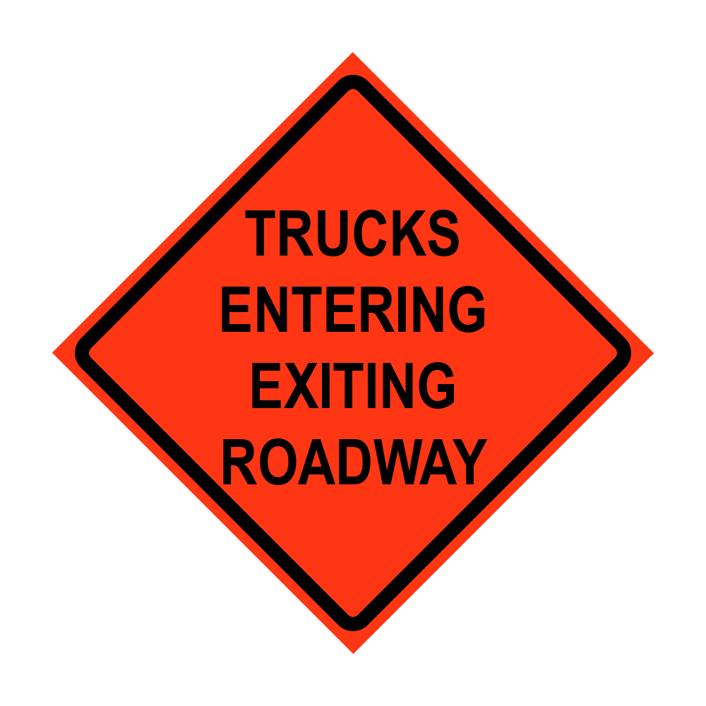 36" x 36" Roll Up Traffic Sign and Heavy Duty Cross Brace - Trucks Entering Exiting Roadway