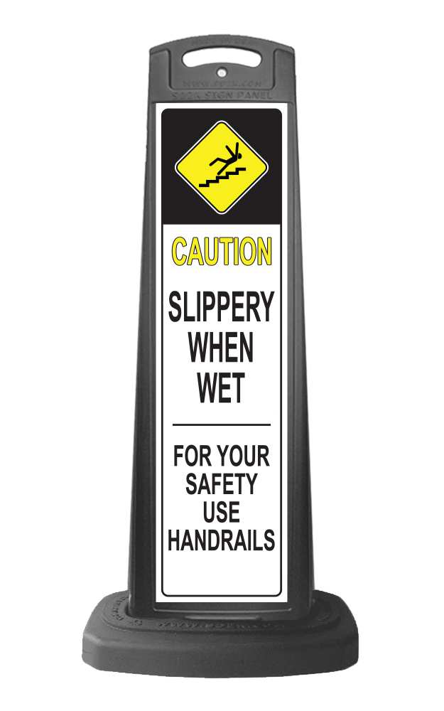 Black Reflective Vertical Sign Panel w/Base Option - Caution Slippery When Wet
