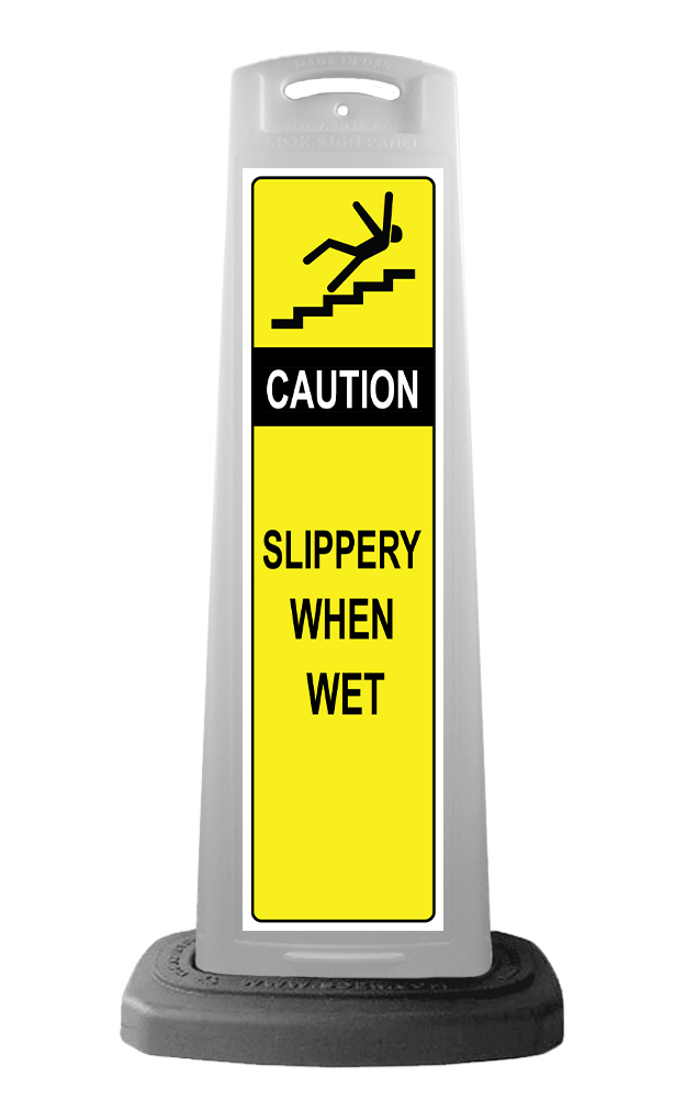 White Reflective Vertical Sign Panel w/Base Option - Caution Slippery When Wet
