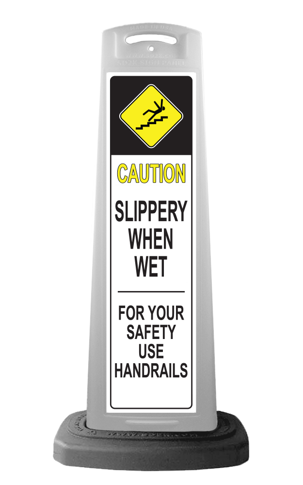 White Reflective Vertical Sign Panel w/Base Option - Caution Slippery When Wet