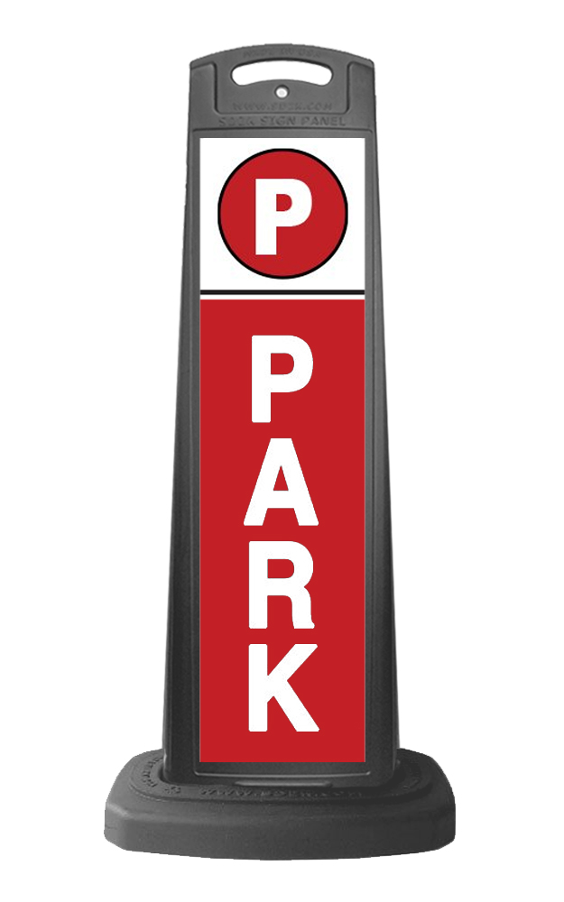 Black Reflective Vertical Sign Panel w/Base Option - White Park Text on Red