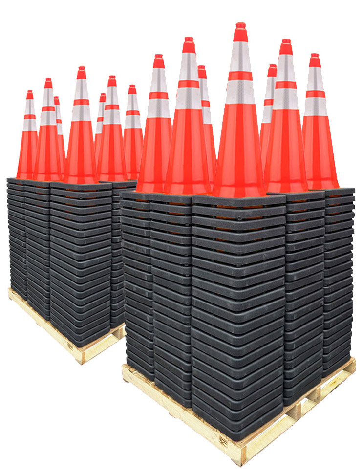 Two Pallets 36" Traffic Cones, 10lb Black Base, w/6" & 4" 3M Reflective Collars - Select Color