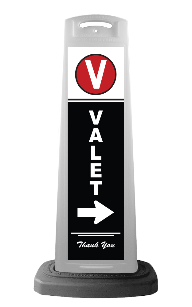 White Reflective Vertical Sign Panel w/Base Option - Valet with Arrow