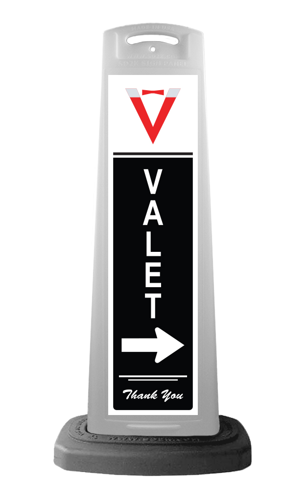 White Reflective Vertical Sign Panel w/Base Option - Valet with Arrow