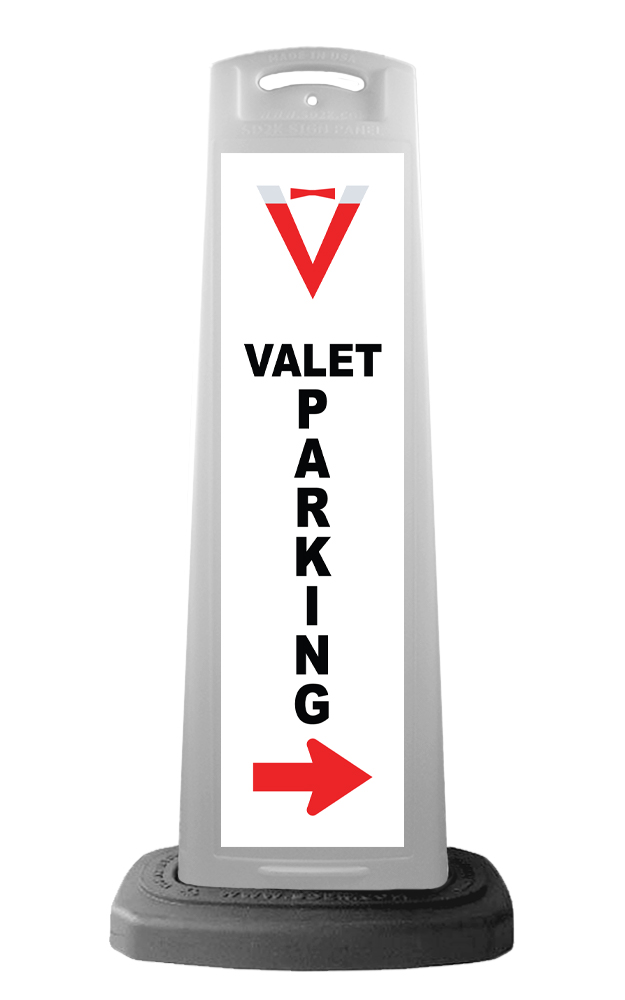 White Reflective Vertical Sign Panel w/Base Option - Valet Parking and Red Arrow 