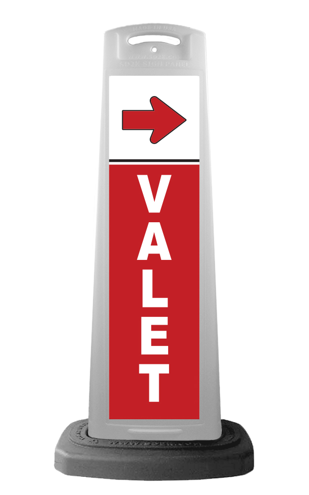 White Reflective Vertical Sign Panel w/Base Option - Red Valet & Arrow