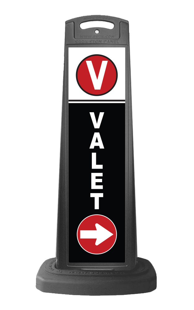 Black Reflective Vertical Sign Panel w/Base Option - Valet with Arrow