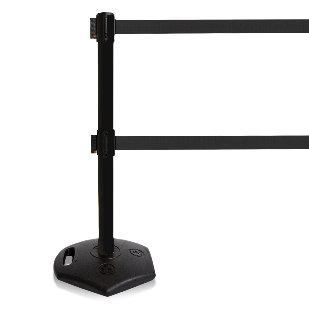 Outdoor Retractable Dual Line Belt Barrier Post, 11 ft Belt, Rubber Base