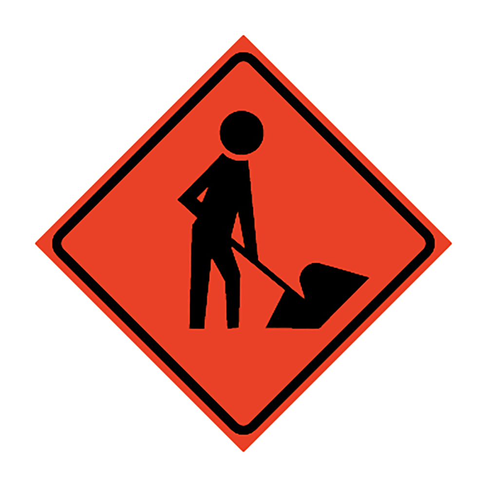 36" x 36" Roll Up Traffic Sign and Heavy Duty Cross Brace - Men Workers Working Symbol