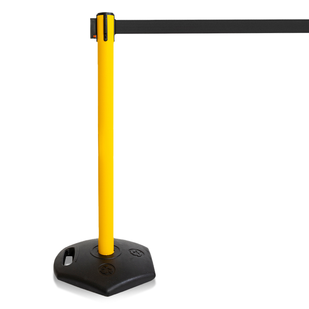 Safety Yellow Outdoor Retractable Belt Post, 11 ft Belt, Rubber Base