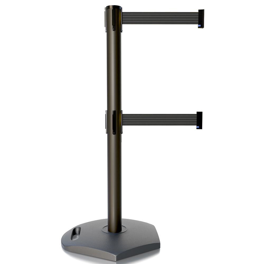 Outdoor Retractable Dual Line Belt Barrier Post, 11 ft Belt, Rubber Base