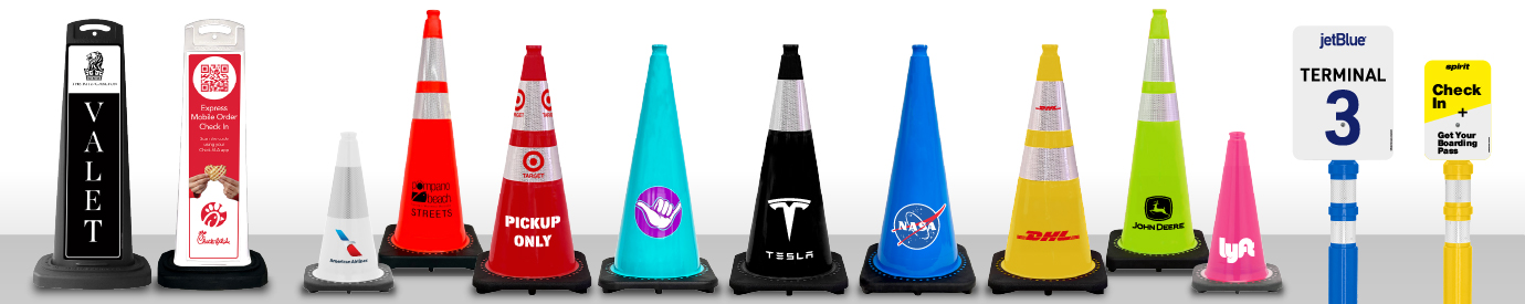 A lineup of colorful custom traffic cones and signs with various logos and text used for directing valet, mobile order pickup, terminal check-in, and other location-specific instructions