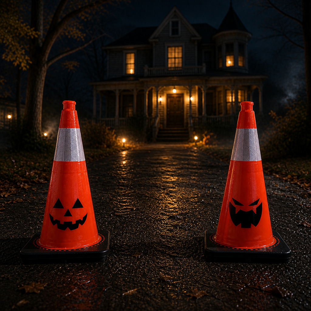 Halloween jack-o-lantern traffic cones at haunted houses