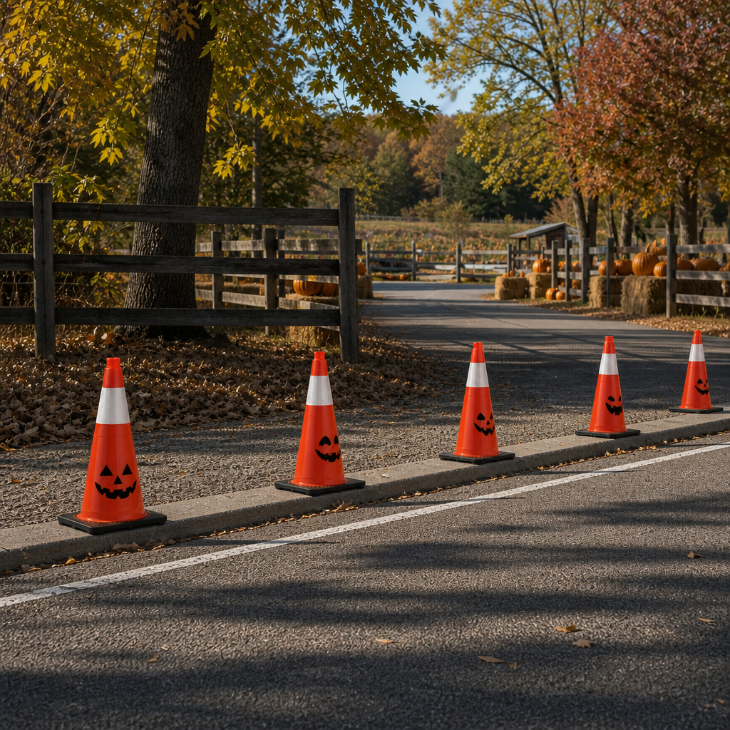 Halloween jack-o-lantern traffic cones at pumpkin patches