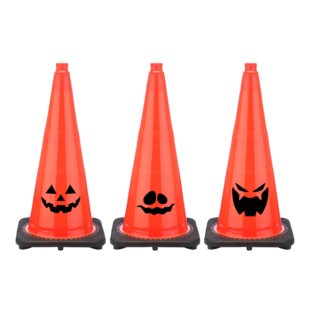Jack-o-lantern printed traffic cones from Traffic Cones For Less