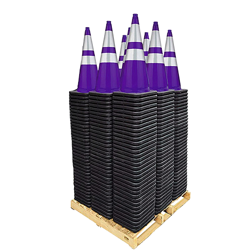 Pallet of purple traffic cones from Traffic Cones For Less