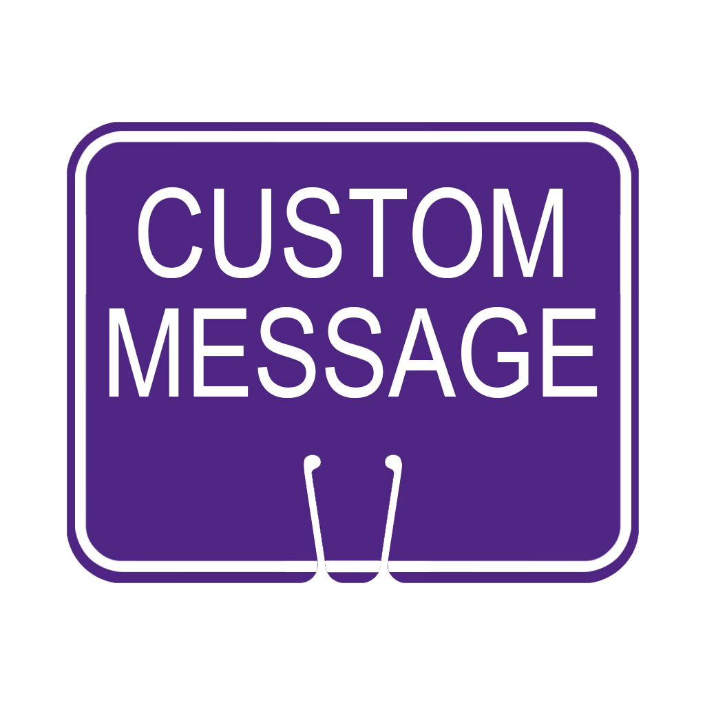 Purple traffic cone with a custom printed sign from Traffic Cones For Less